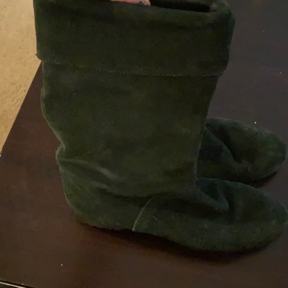 Green leather suede calf length boots